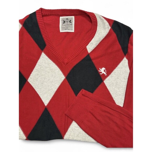 Vintage Express Y2K Men’s Red Argyle Preppy Pullover Sweater Size L 80’s Vibes - Picture 3 of 4
